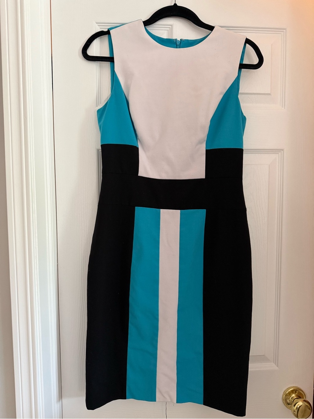 Calvin Klein Black, White & Turquoise Colorblock Midi Sheath Dress